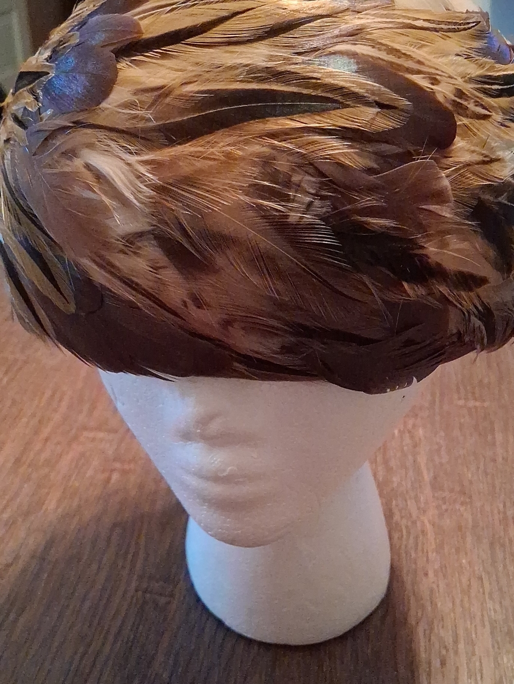 Large Feather Cloche Hat in Brown and Tan
